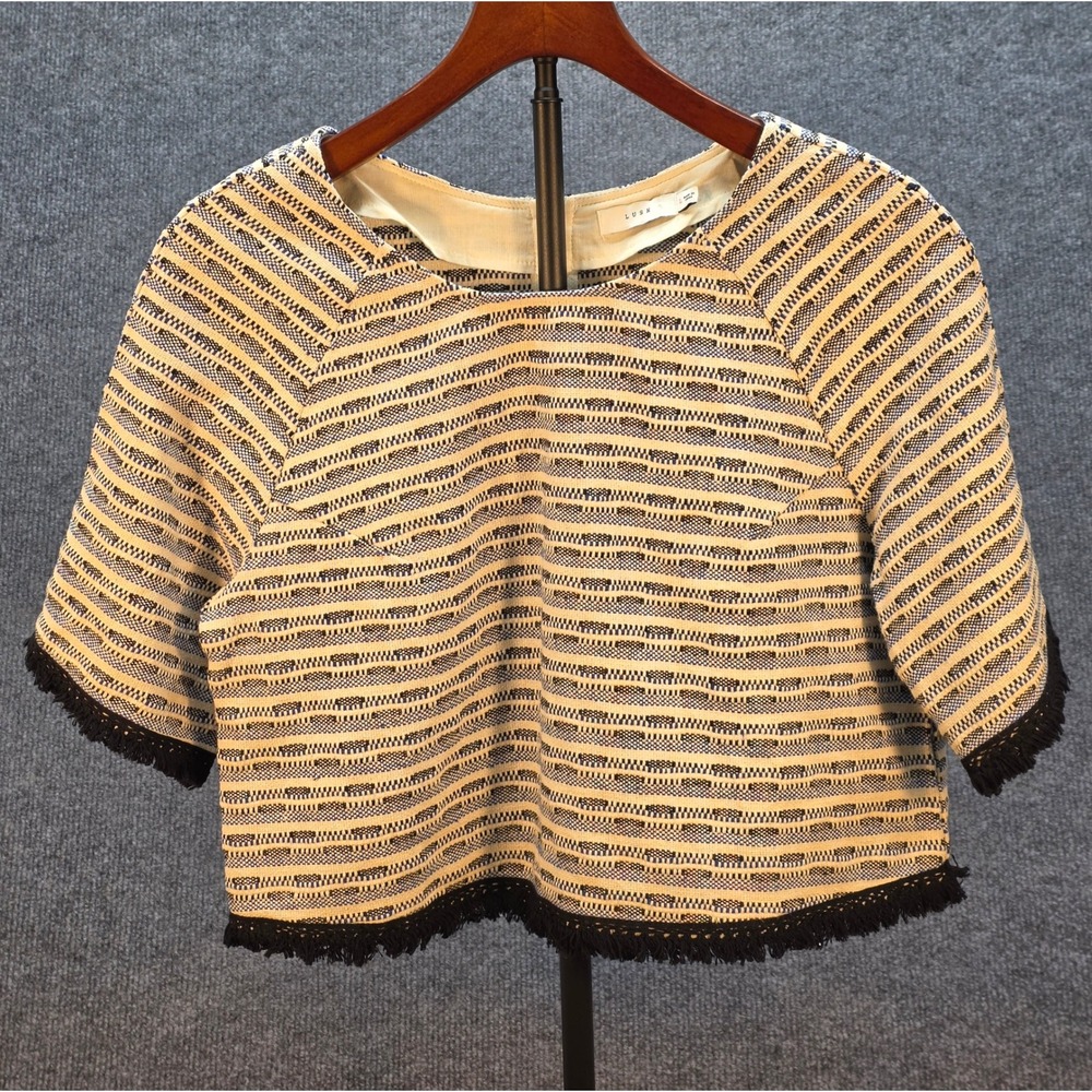 Lush Crop Top Women Large Blue Cream Striped Excellent Fringe Woven Boxy LT12536